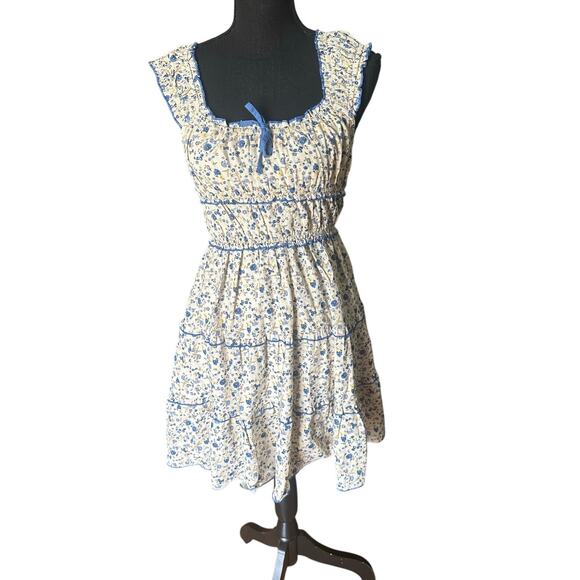 Japna Blue Beige Floral Ruched Sundress – Size M – Summer Boho Chic - Picture 1 of 6